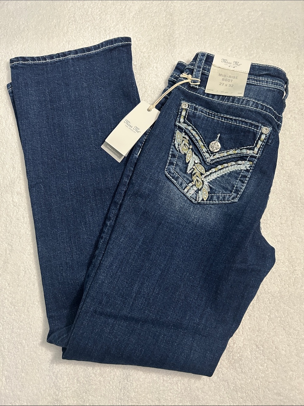 Miss Me 27 x 32 Jeans Mid-rise Boot cut Dark Blue Faux Flap Pocket Slim Fit NWT